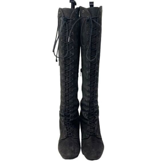Stuart Weitzman knee high gray suede boots 6.5M riding equestrian wedged lace up - Picture 4 of 9